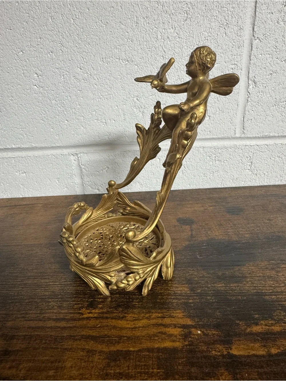 Antique art nouveau ormolu bronze Cupid with bird Cupid stand